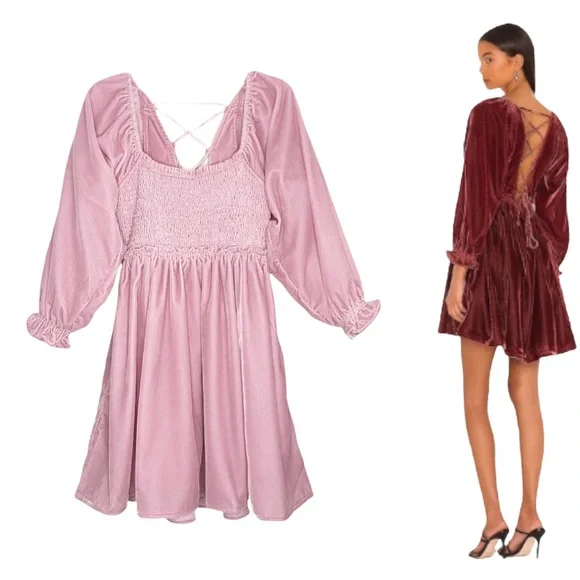 Free People Daphne Velvet Sleeve mini Dress Balloon ruffle sleeves blush pink - Picture 13 of 13